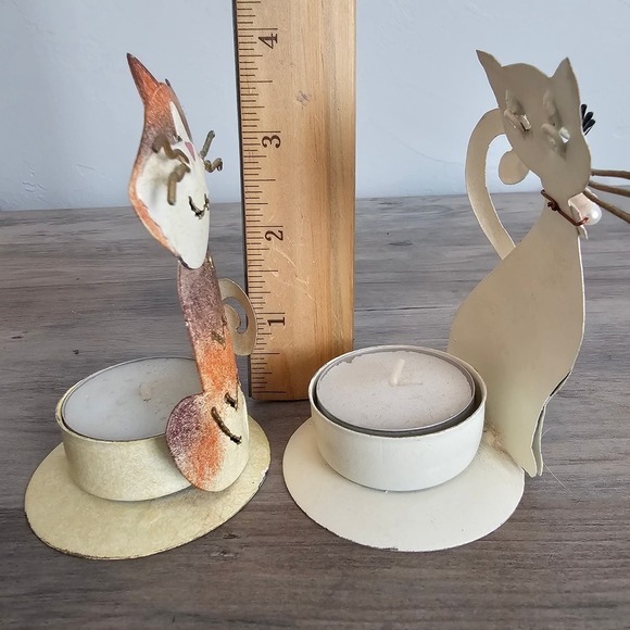 Cat Votive Candle Holder Metal Cat Figurines Pair of Two Cats Kittens Tealight - Picture 6 of 8